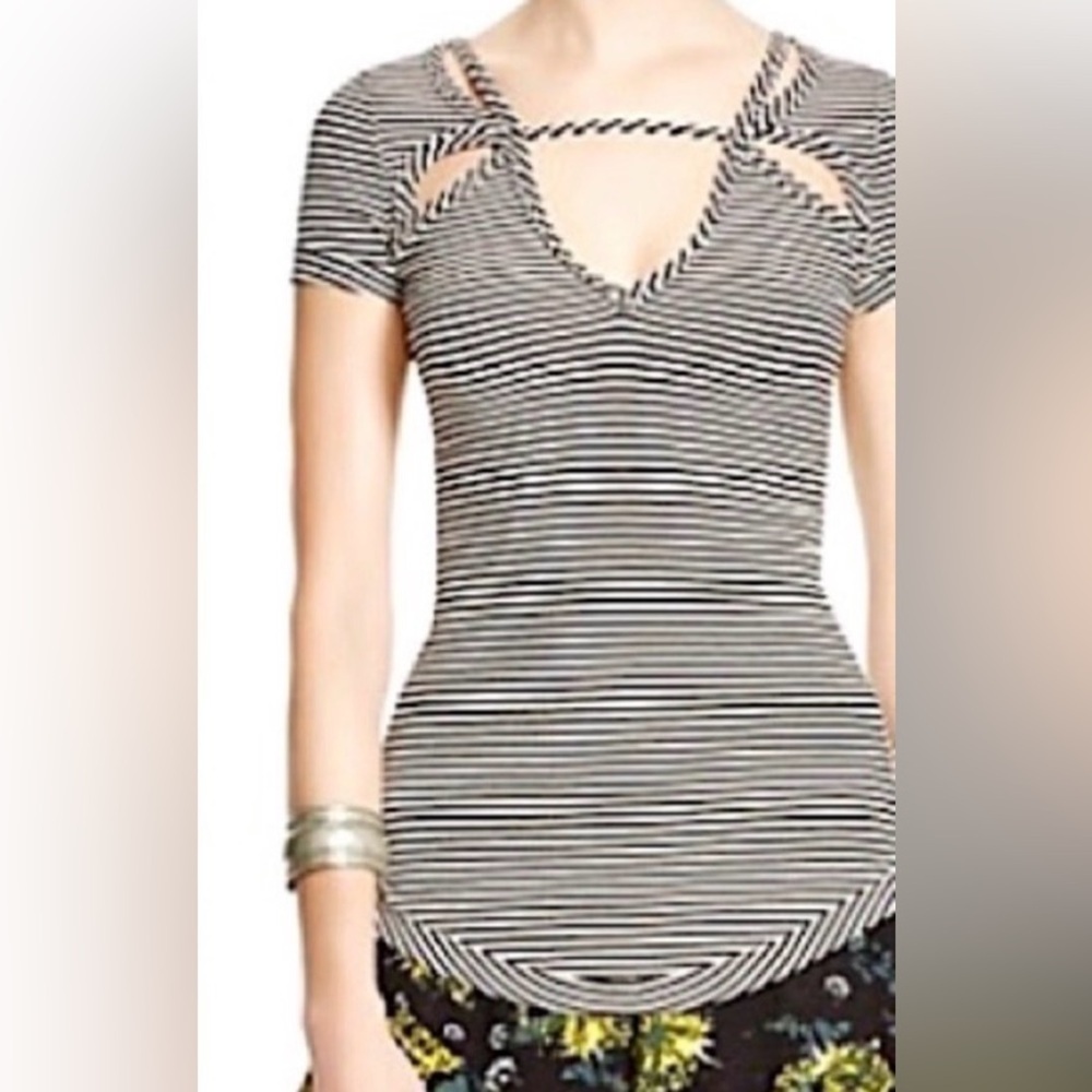 Free People Frenchie Striped Cutout Tee Cream Black Ribbed Boho Top Small
